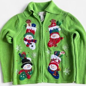 Vintage Tiara International Christmas Green Knit Embroidered Snowman Cardigan